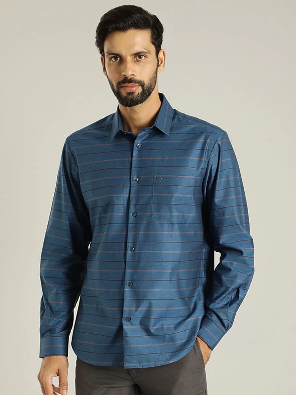 Indian Terrain Men's Slim Fit Full Sleeve Striped Blue Shirt